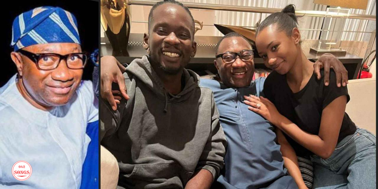 “Eazi does it” – Femi Otedola writes as he strikes pose with daughter, Temi and her fiancé, Mr Eazi